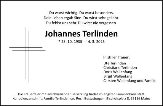 Traueranzeige von Johannes Terlinden von Allgemeine Zeitung Mainz
