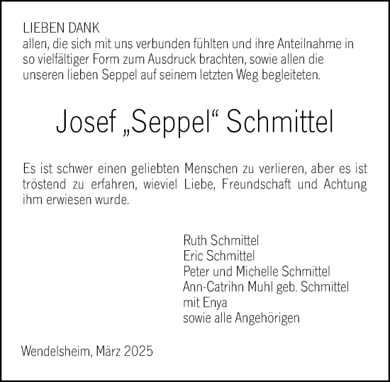 Traueranzeige von Josef Schmittel von Allgemeine Zeitung Alzey