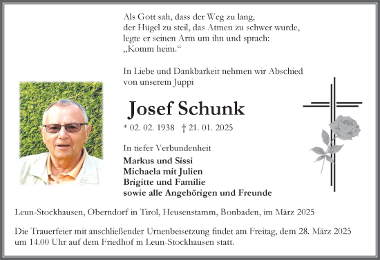Traueranzeige von Josef Schunk von Weilburger Tageblatt