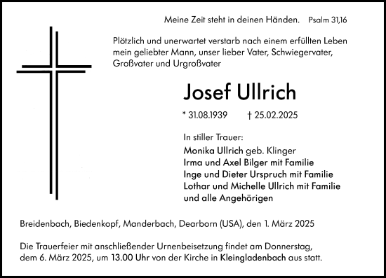 Traueranzeige von Josef Ullrich von Hinterländer Anzeiger