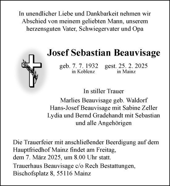 Traueranzeige von Josef Sebastian Beauvisage von Allgemeine Zeitung Mainz
