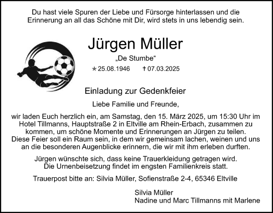 Traueranzeige von Jürgen Müller von Wiesbadener Kurier
