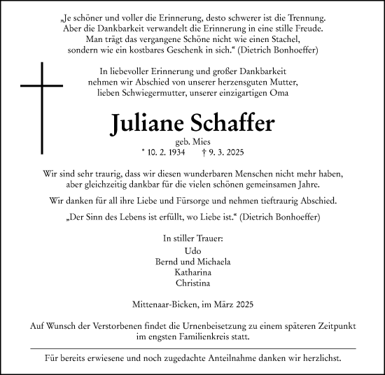 Traueranzeige von Juliane Schaffer von Dill Block