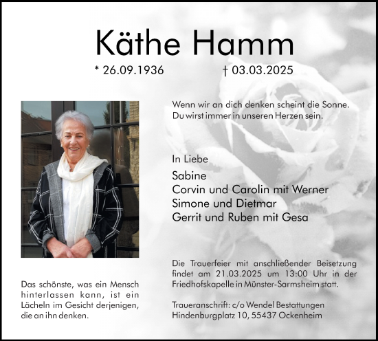 Traueranzeige von Käthe Hamm von Binger-/Ingelheimer Wochenblatt