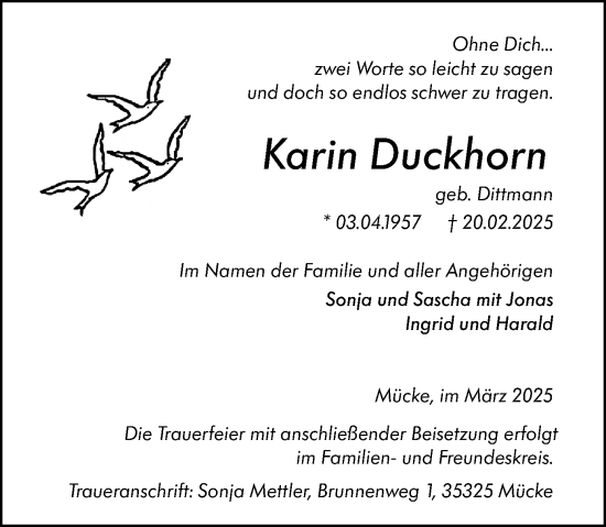 Traueranzeige von Karin Duckhorn von Hinterländer Anzeiger