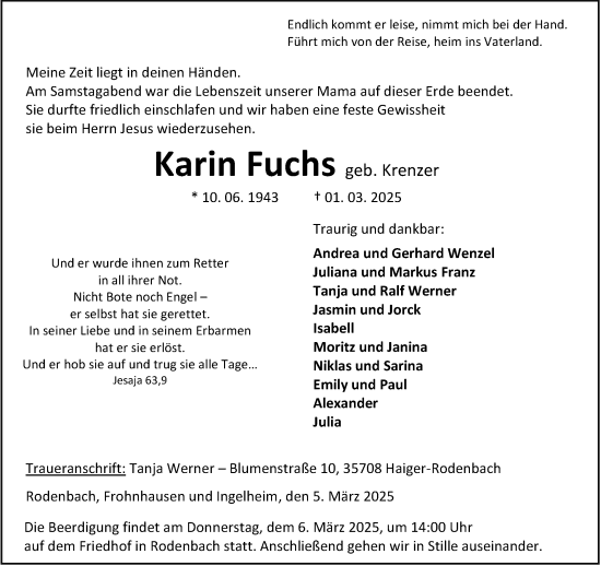 Traueranzeige von Karin Fuchs von Dill Block