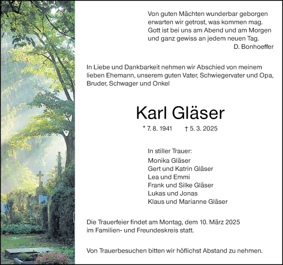 Traueranzeige von Karl Gläser von Hinterländer Anzeiger