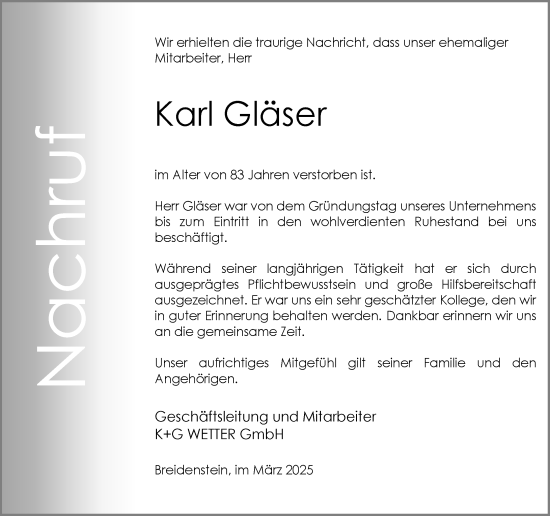 Traueranzeige von Karl Gläser von Hinterländer Anzeiger