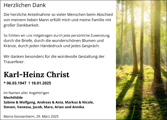 Traueranzeige von Karl-Heinz Christ von Allgemeine Zeitung Mainz