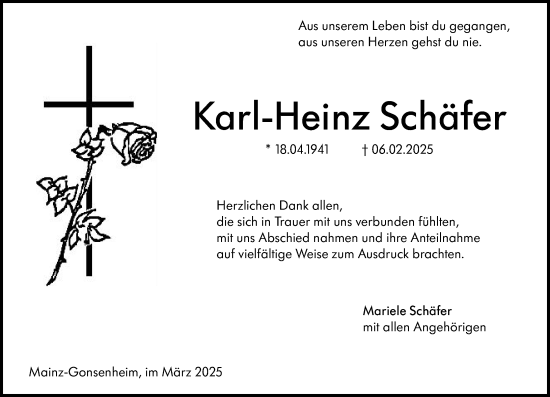 Traueranzeige von Karl-Heinz Schäfer von Allgemeine Zeitung Mainz