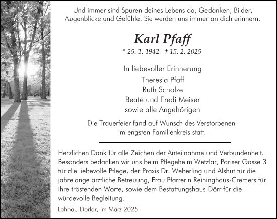 Traueranzeige von Karl Pfaff von Wetzlarer Neue Zeitung