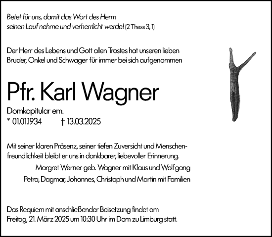 Traueranzeige von Karl Wagner von Weilburger Tageblatt
