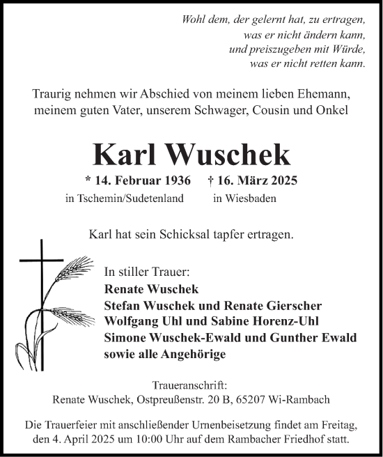 Traueranzeige von Karl Wuschek von Wiesbadener Kurier