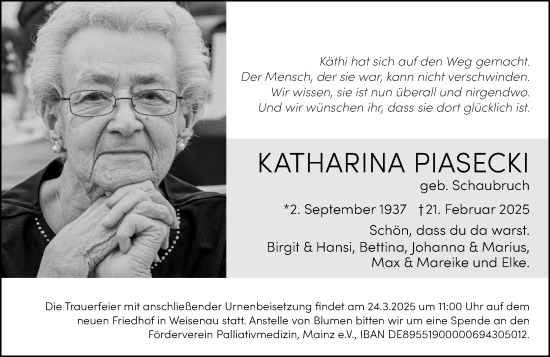 Traueranzeige von Katharina Piasecki von Allgemeine Zeitung Mainz