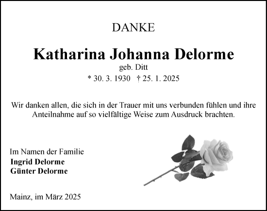 Traueranzeige von Katharina Johanna Delorme von Allgemeine Zeitung Mainz