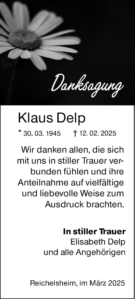 Traueranzeige von Klaus Delp von Odenwälder Echo