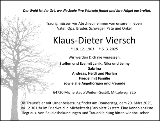 Traueranzeige von Klaus-Dieter Viersch von Odenwälder Echo