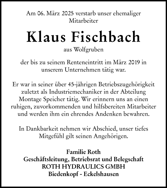 Traueranzeige von Klaus Fischbach von Hinterländer Anzeiger
