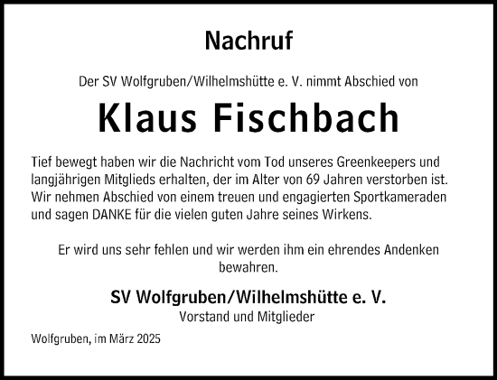 Traueranzeige von Klaus Fischbach von Hinterländer Anzeiger
