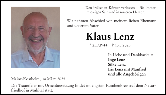 Traueranzeige von Klaus Lenz von Allgemeine Zeitung Mainz