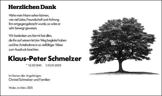 Traueranzeige von Klaus-Peter Schmelzer von Binger-/Ingelheimer Wochenblatt