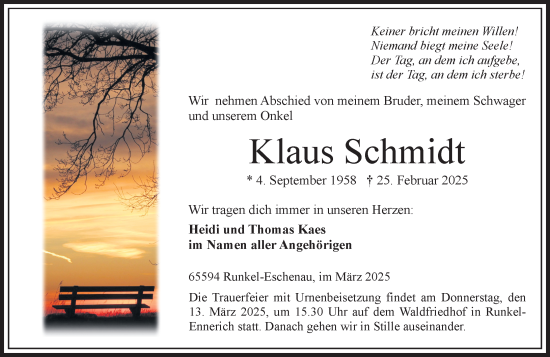 Traueranzeige von Klaus Schmidt von Nassauische Neue Presse