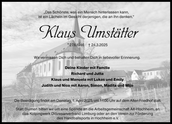 Traueranzeige von Klaus Umstätter von Hochheimer Zeitung