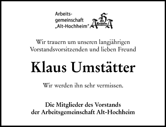 Traueranzeige von Klaus Umstätter von Hochheimer Zeitung