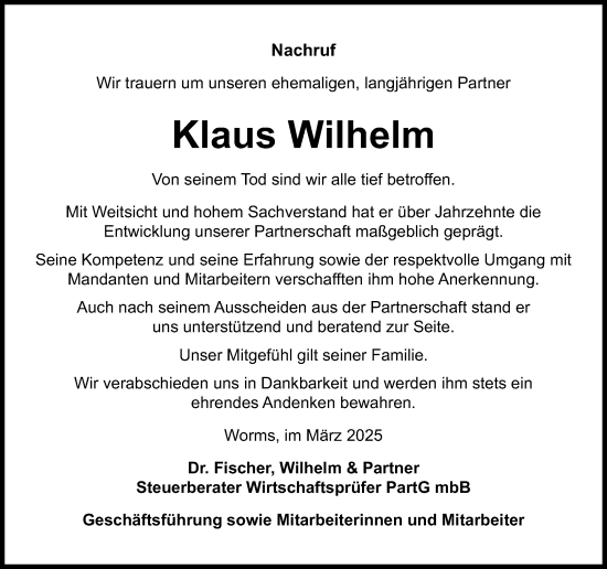 Traueranzeige von Klaus Wilhelm von Wormser Zeitung