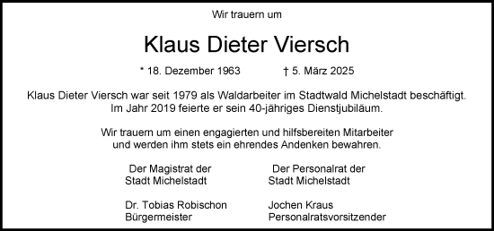 Traueranzeige von Klaus Dieter Viersch von Odenwälder Echo
