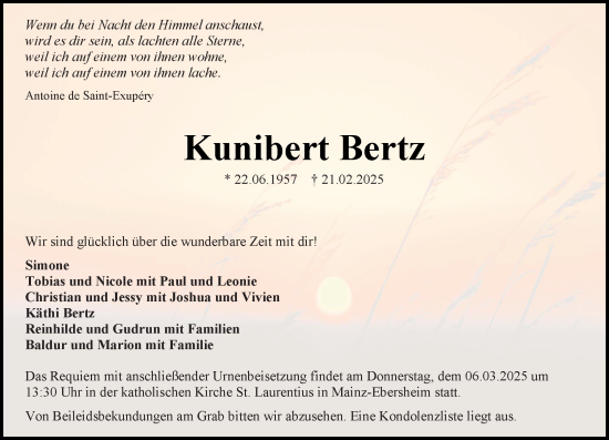 Traueranzeige von Kunibert Bertz von Allgemeine Zeitung Mainz