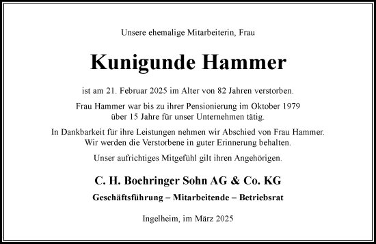 Traueranzeige von Kunigunde Hammer von Allgemeine Zeitung Rheinhessen-Nahe