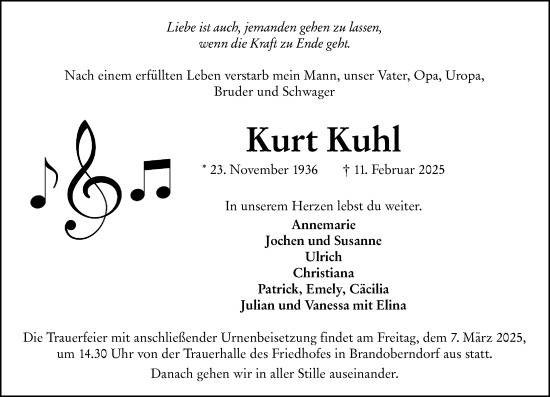 Traueranzeige von Kurt Kuhl von Wetzlarer Neue Zeitung