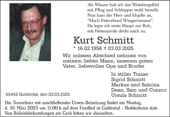 Traueranzeige von Kurt Schmitt von Allgemeine Zeitung Rheinhessen-Nahe
