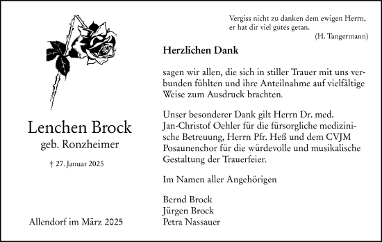 Traueranzeige von Lenchen Brock von Hinterländer Anzeiger