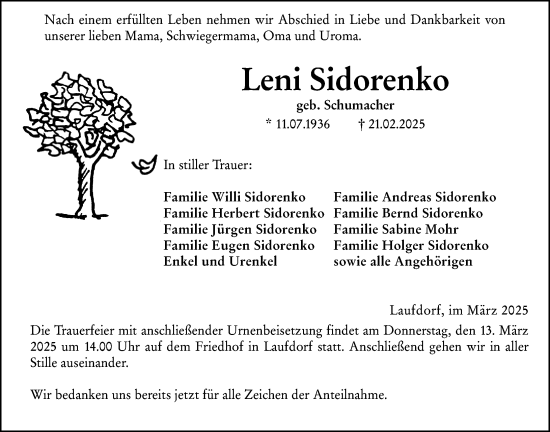 Traueranzeige von Leni Sidorenko von Wetzlarer Neue Zeitung