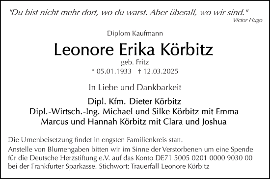 Traueranzeige von Leonore Erika Körbitz von Odenwälder Echo