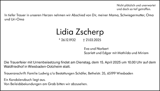 Traueranzeige von Lidia Zscherp von Wiesbadener Kurier