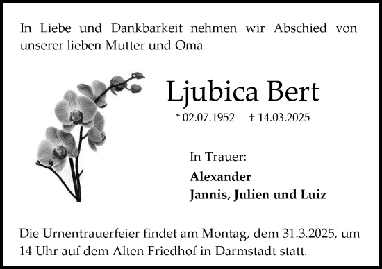 Traueranzeige von Ljubica Bert von Darmstädter Echo