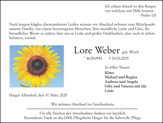Traueranzeige von Lore Weber von Dill Block