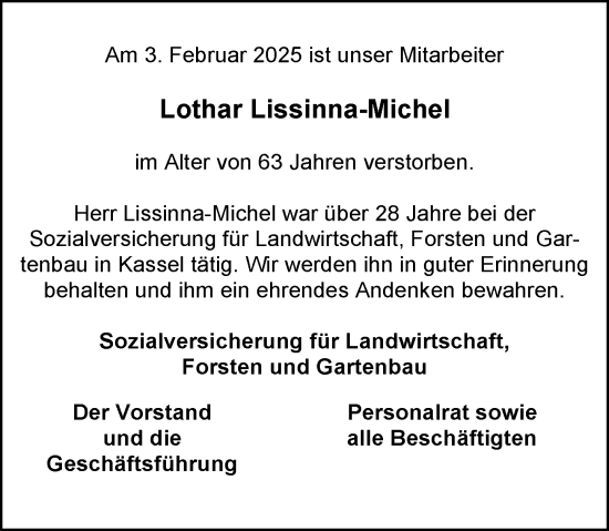 Traueranzeige von Lothar Lissinna-Michel von Groß-Gerauer Echo