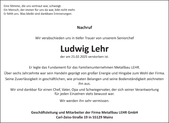 Traueranzeige von Ludwig Lehr von Allgemeine Zeitung Mainz