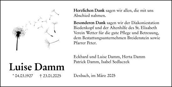 Traueranzeige von Luise Damm von Hinterländer Anzeiger