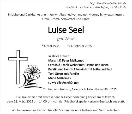 Traueranzeige von Luise Seel von Dill Block
