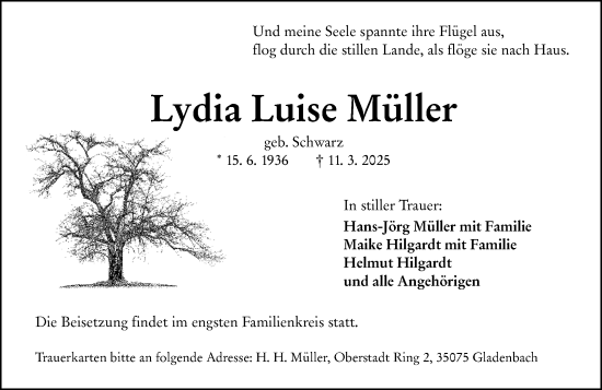 Traueranzeige von Lydia Luise Müller von Hinterländer Anzeiger