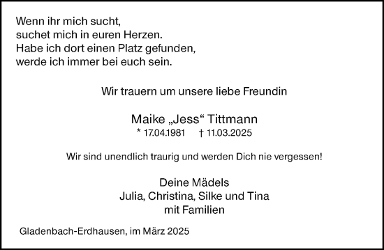 Traueranzeige von Maike Verena Jessica Tittmann von Hinterländer Anzeiger