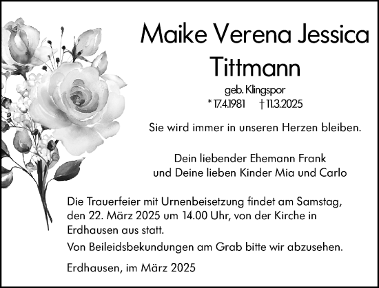 Traueranzeige von Maike Verena Jessica Tittmann von Hinterländer Anzeiger