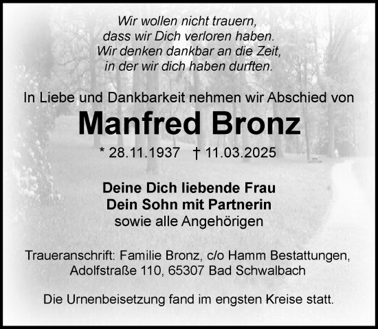 Traueranzeige von Manfred Bronz von Wiesbadener Kurier