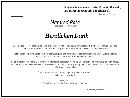 Traueranzeige von Manfred Roth von Hinterländer Anzeiger