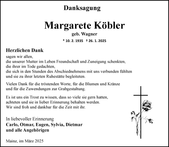 Traueranzeige von Margarete Köbler von Allgemeine Zeitung Mainz